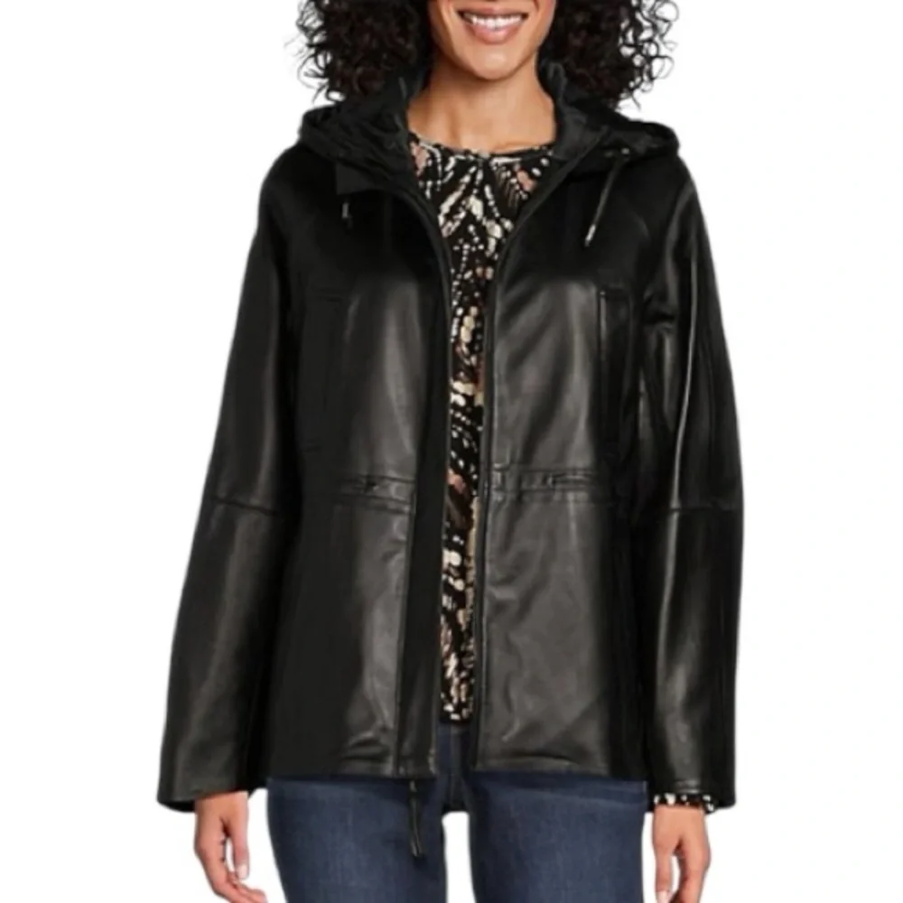 NWT Westbound Women's Black Hooded Lambskin Leather Jacket Size S